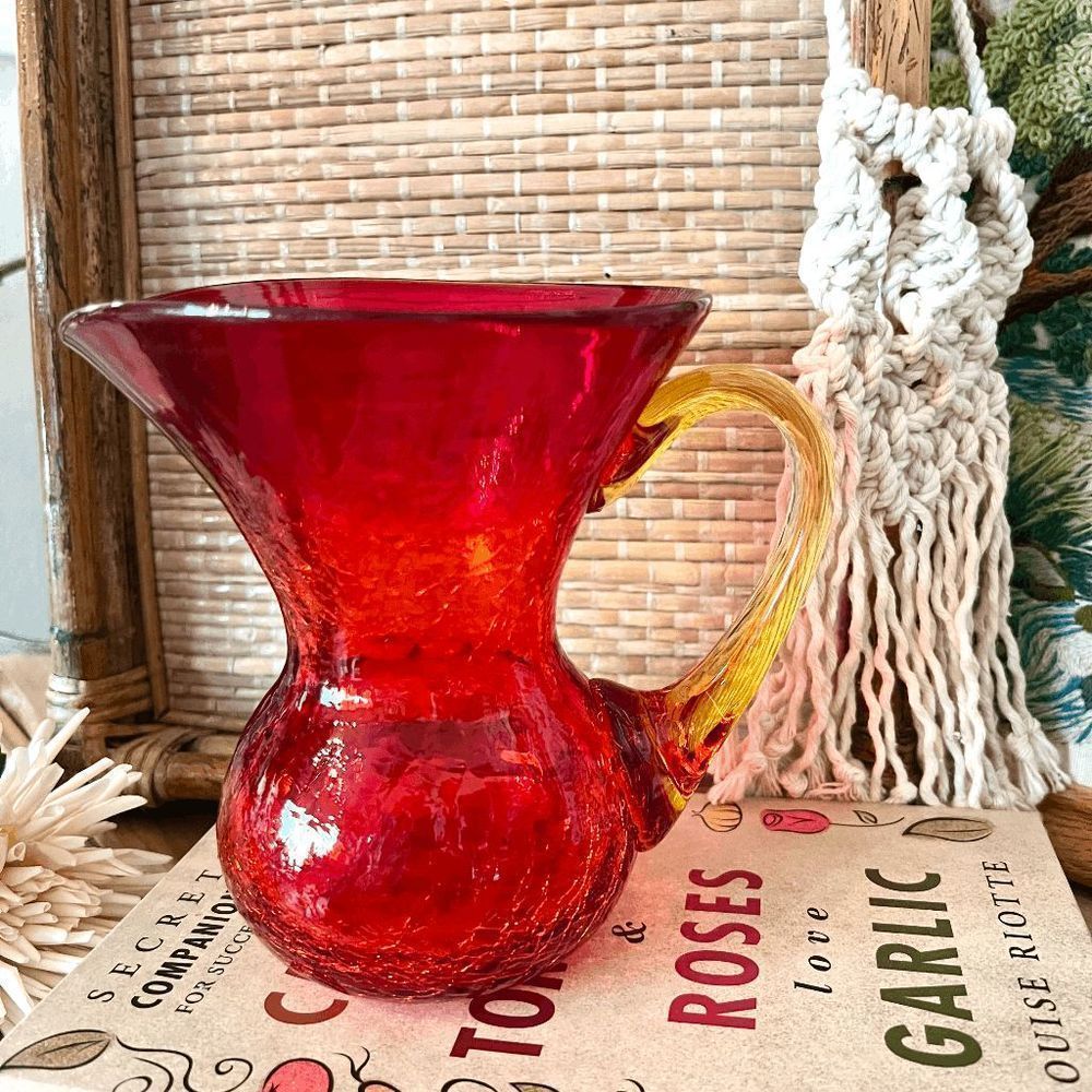 Vintage Rare Rainbow Amberina Crackle Glass Stubby Chunky Pitcher